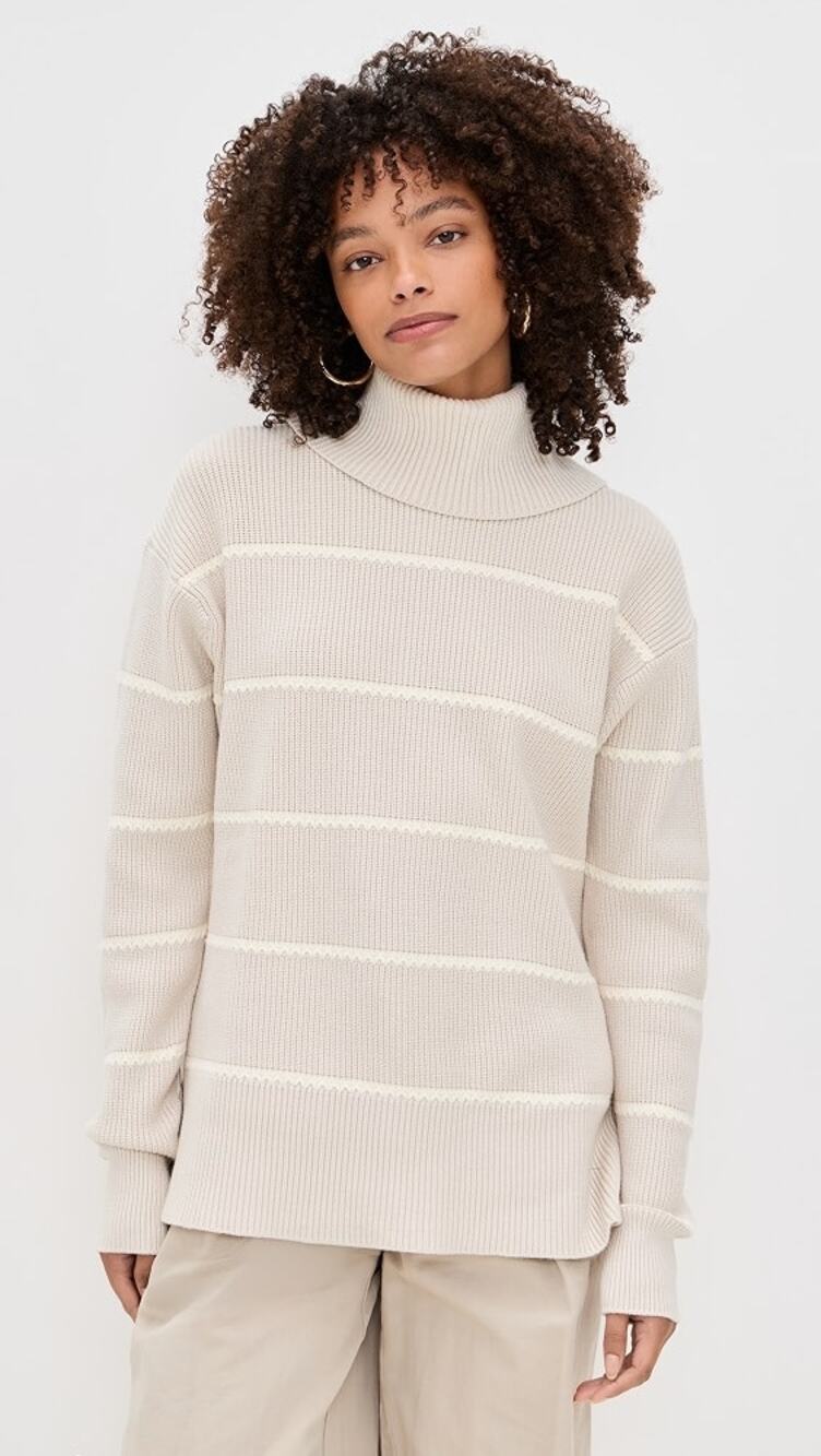 Varley Hamish Stitch Knit Sweater Silver Birch Striped Roll Neck Womens Large